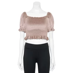 Juniors' Rewind Short Sleeve Shimmer Smocked Velvet Top