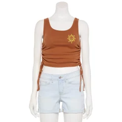 Juniors' Happy Sun Embroidered Side Cinch Ribbed Tank Top