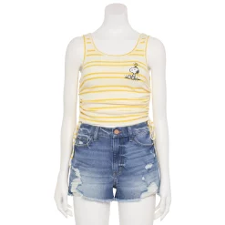 Juniors' Peanuts Snoopy and Woodstock Embroidered Side Cinch Ribbed Tank Top