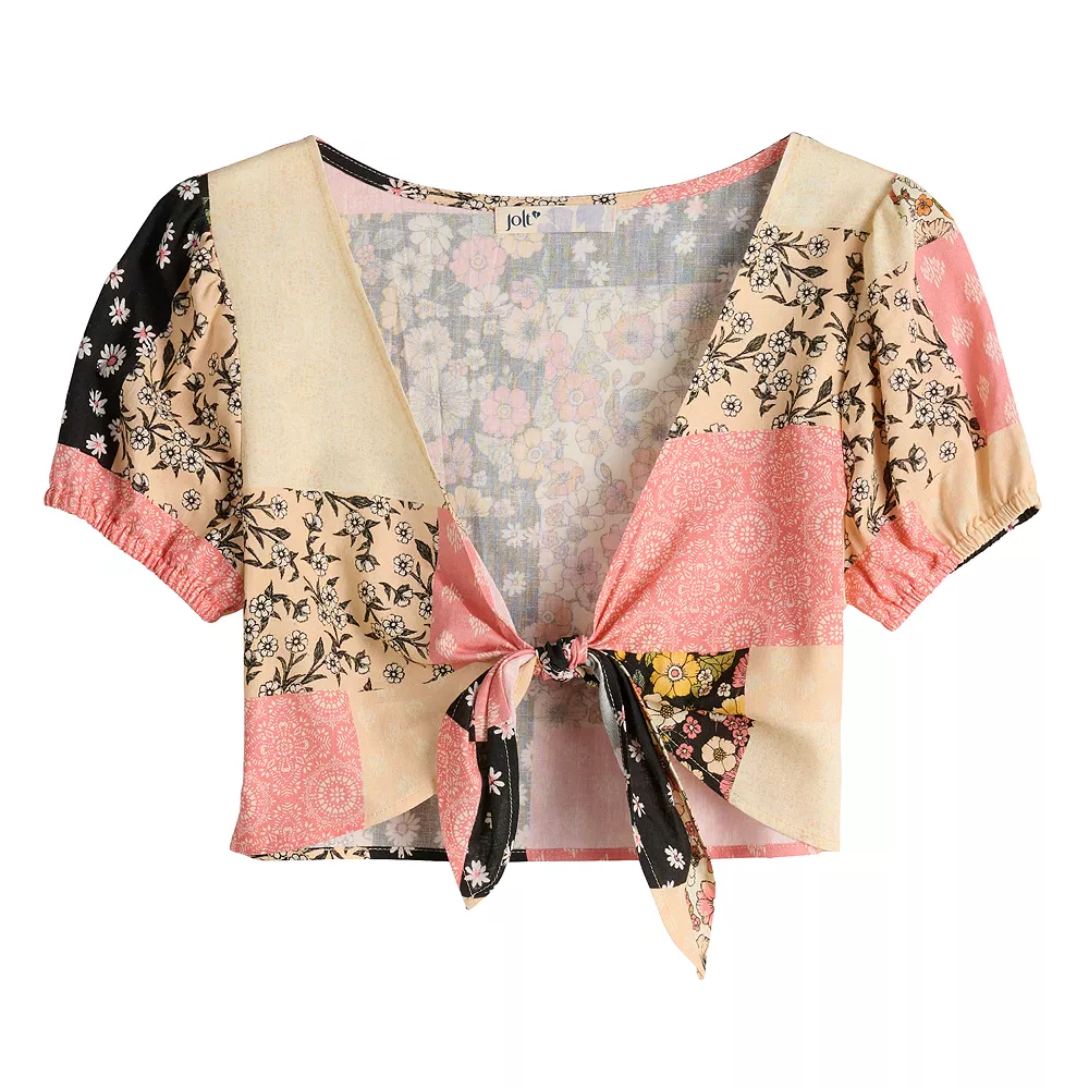 Juniors' Rewind Short Sleeve Knotted Front V-Neck Top - Image 4