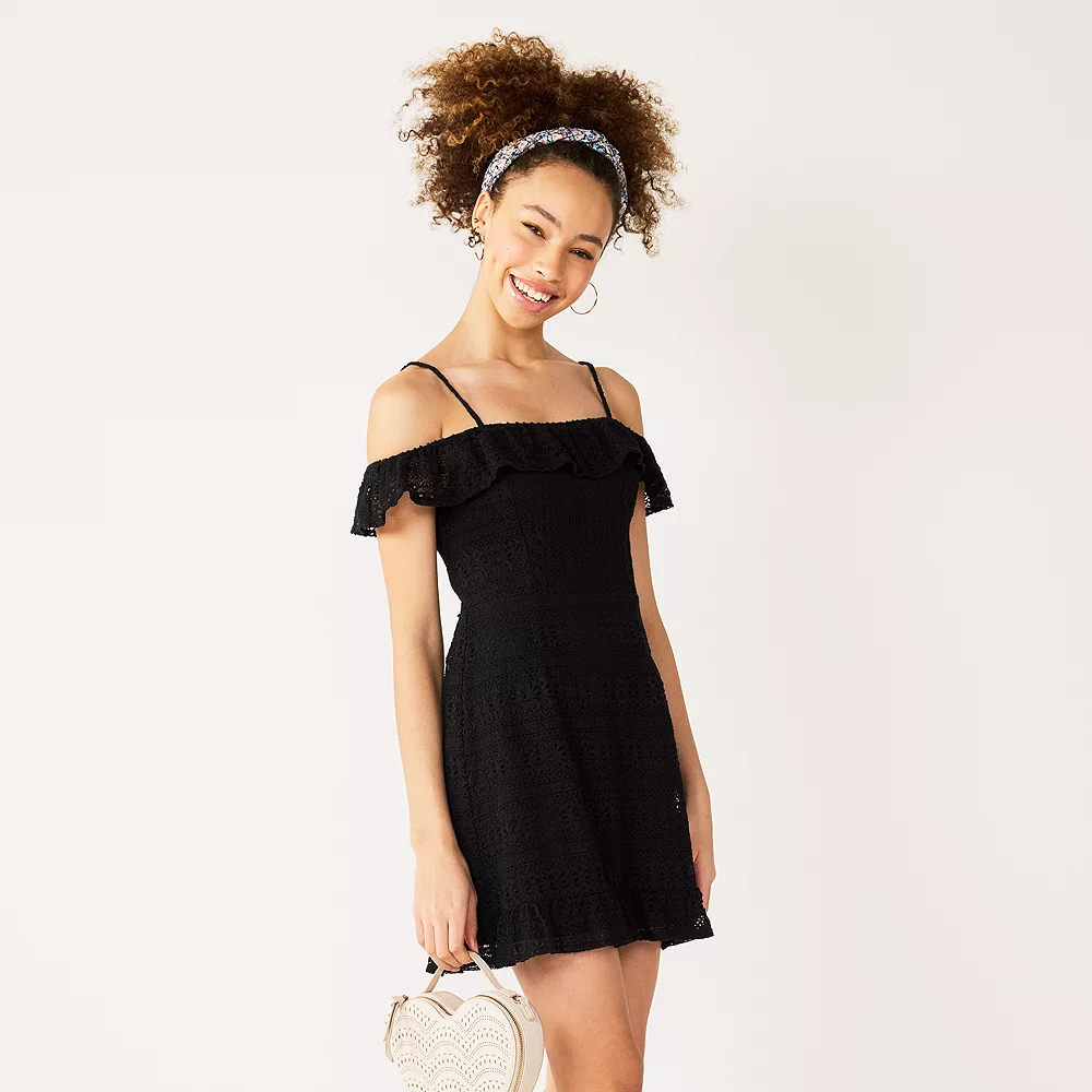 Juniors' Live To Be Spoiled Ruffled Crochet Off-The-Shoulder Skater Dress