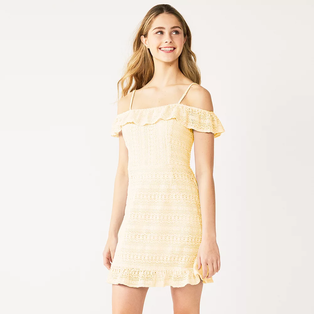 Juniors' Live To Be Spoiled Ruffled Crochet Off-The-Shoulder Skater Dress - Image 4