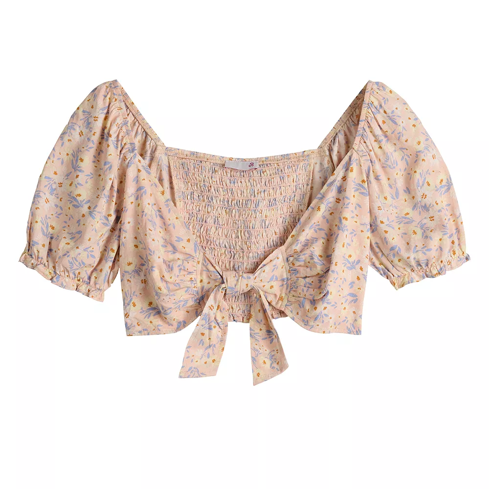 Juniors' SO® Knotted Front Puff Sleeve Crop Top - Image 3