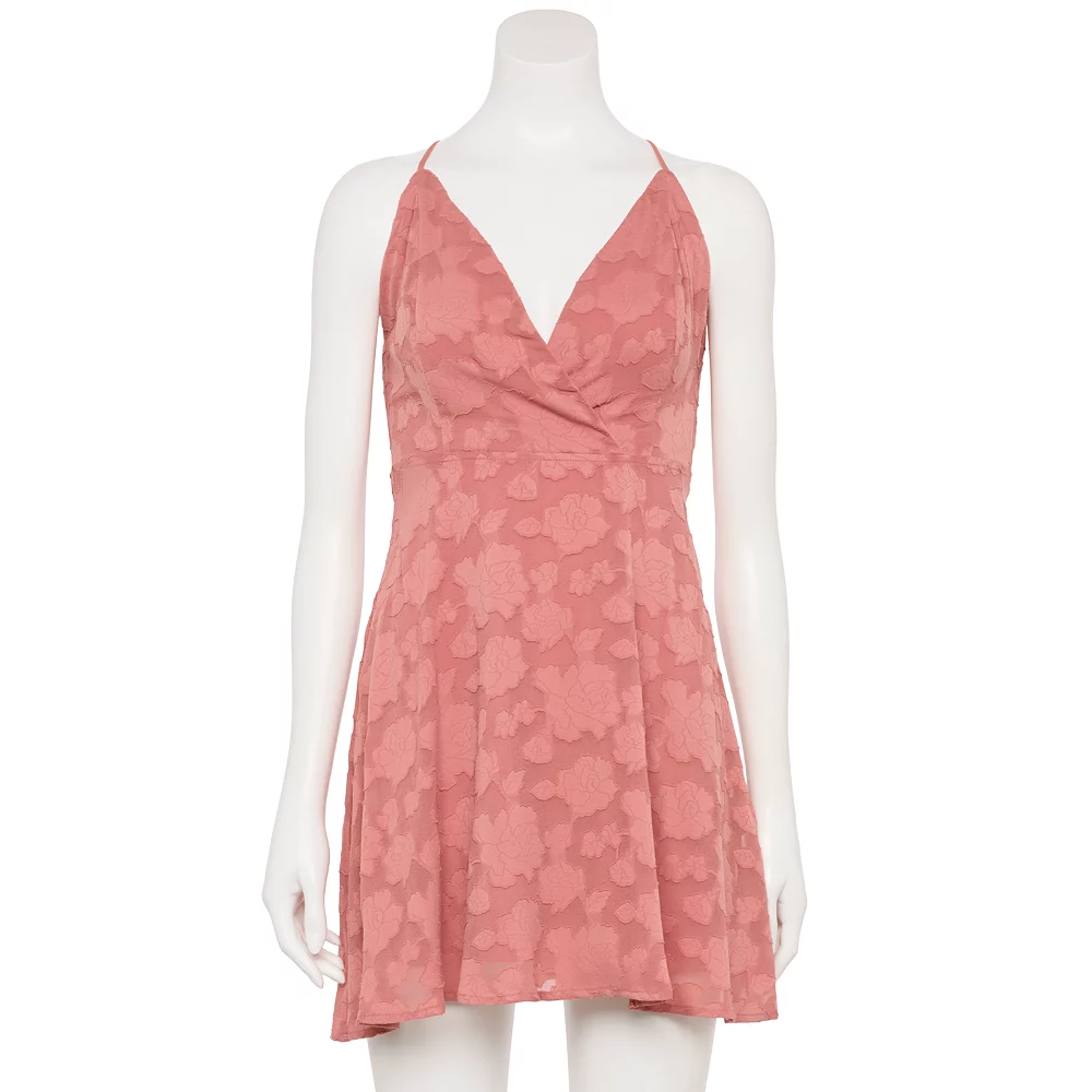 Juniors' Speechless Strappy Cross-Back Mini A-Line Dress