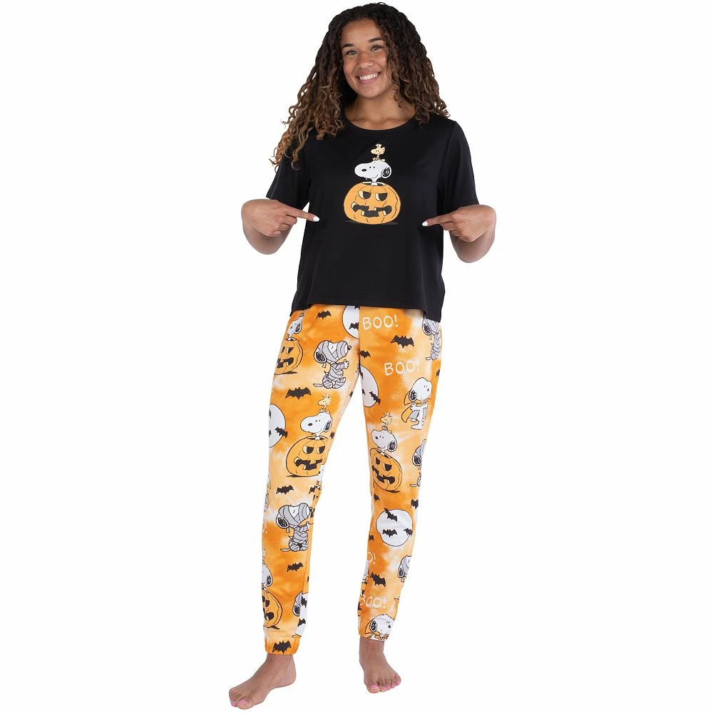 Women's Nite Nite by Munki Munki Snoopy Halloween Short Sleeve Pajama Top & Banded Bottom Pajama Pants Sleep Set - Image 2