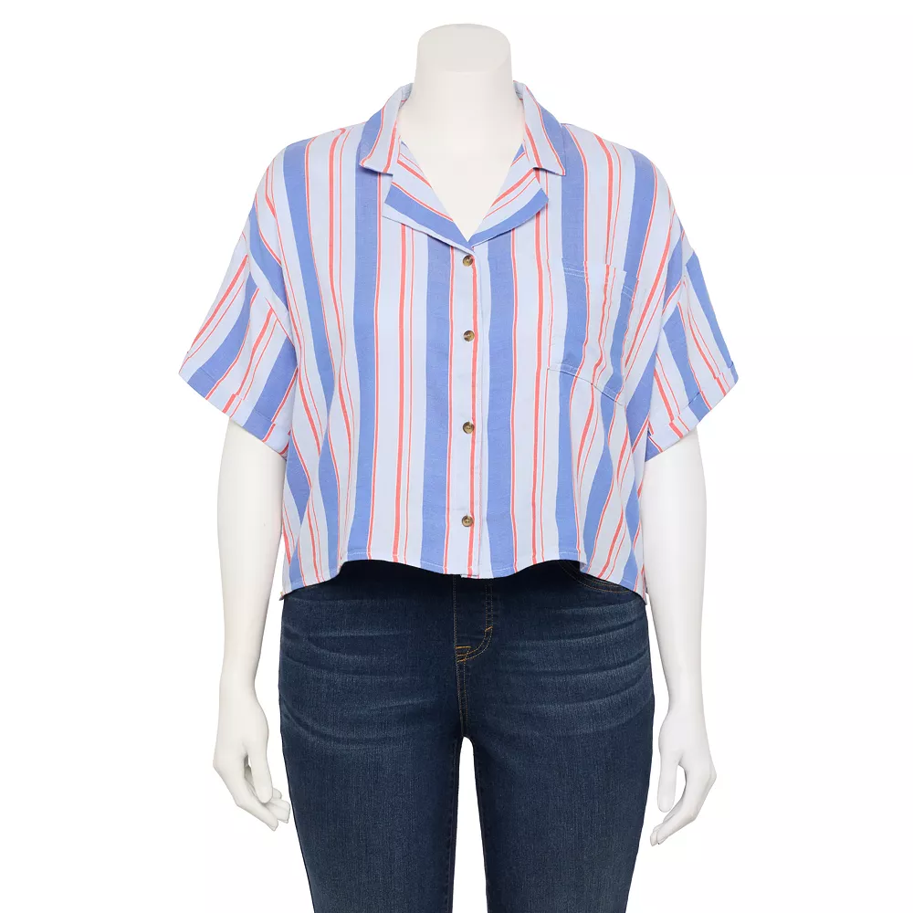 Juniors' Plus Size SO® Cropped Button Down Shirt - Image 7