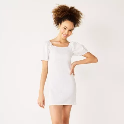 Juniors' Speechless Puff Sleeve Poplin Bodycon Dress