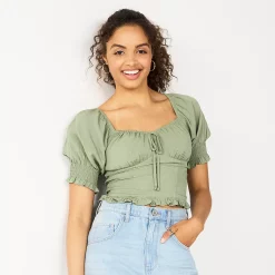 Juniors' SO® Cropped Tie-Front Puff Top