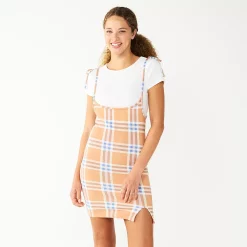 Juniors' Almost Famous Short Sleeve Tee & Plaid Pinafore Dress Set