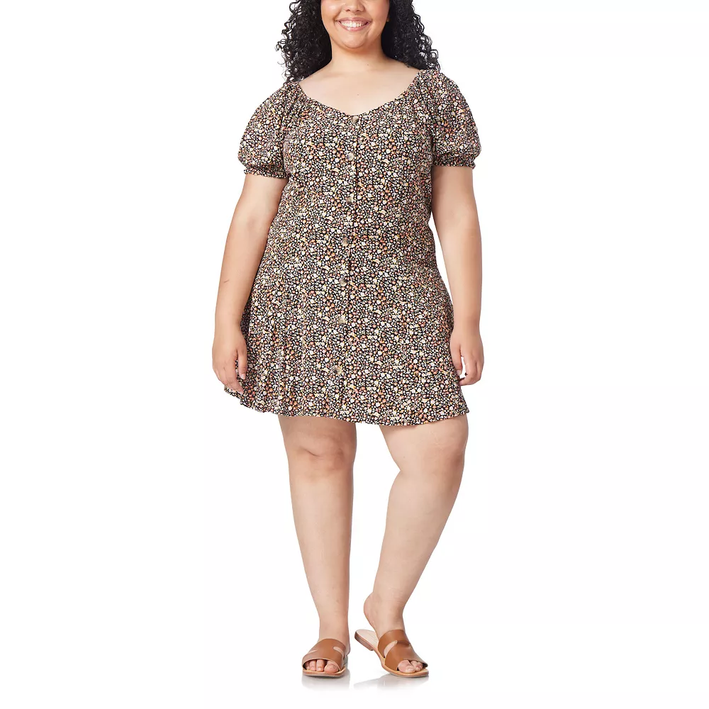 Juniors' Plus Size WallFlower Button Front Ruffled Fit & Flare Dress